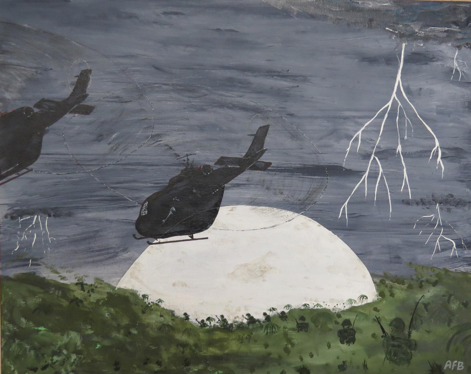 Helicopters over grass, moon in background, gray sky.