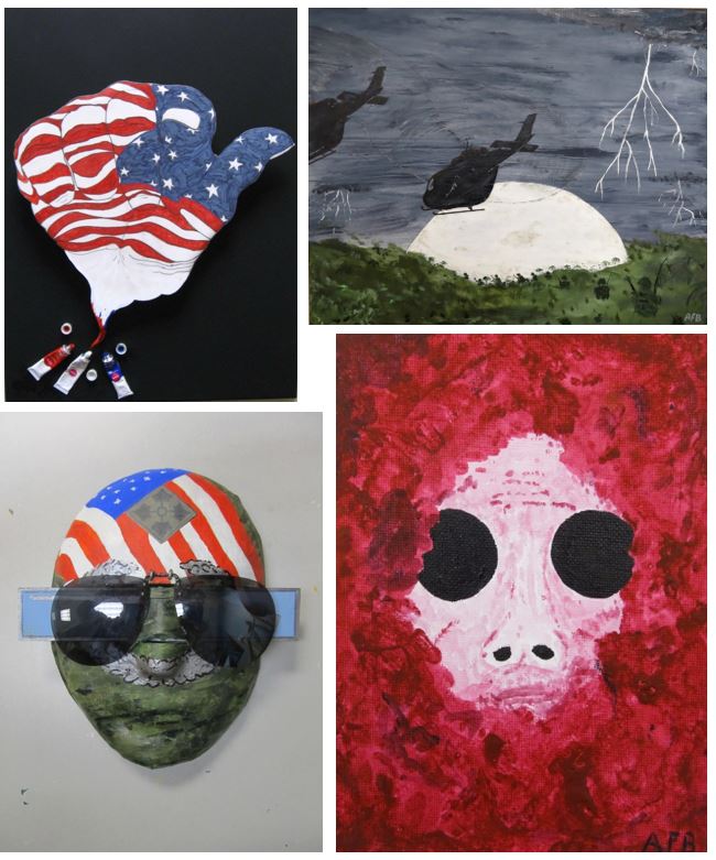 Four - head painted as flag, Hand painted as flag, helicopters flying, face with large black eyes.