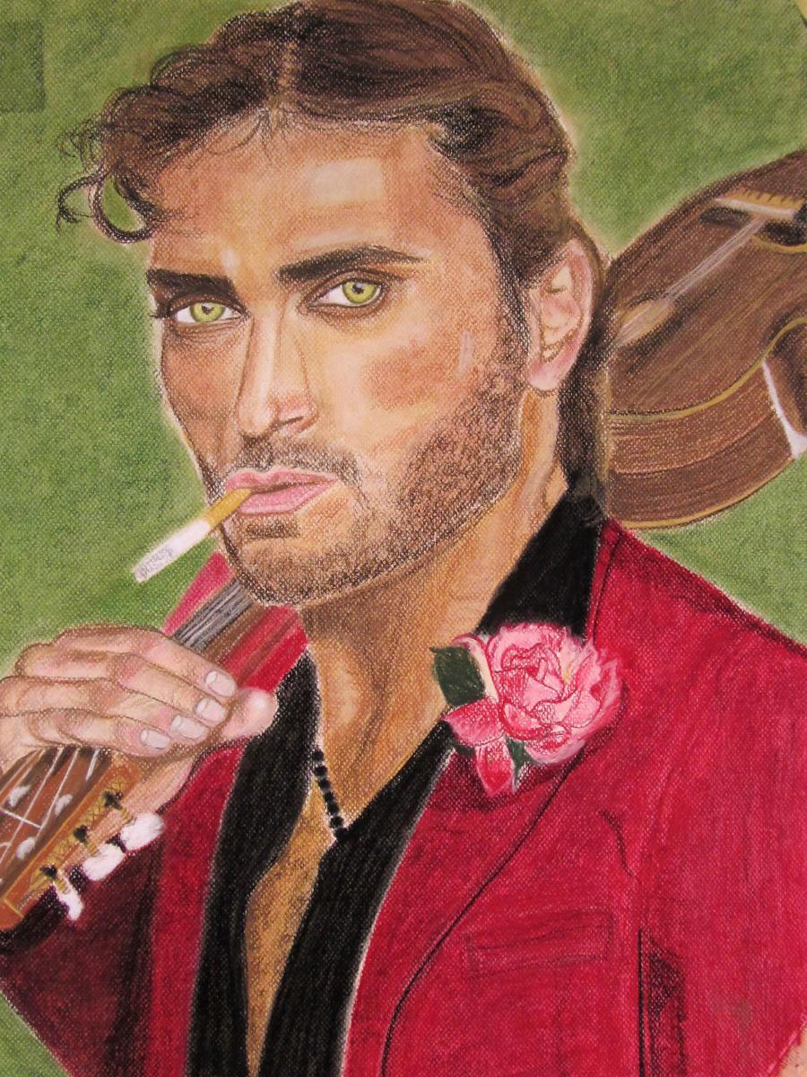 Close up of man with red jacket, black shirt with a flower pinned. Smoking a cigarette.