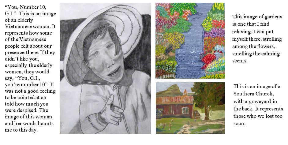 New clipping of drawing of an elderly woman, garden, and old church.