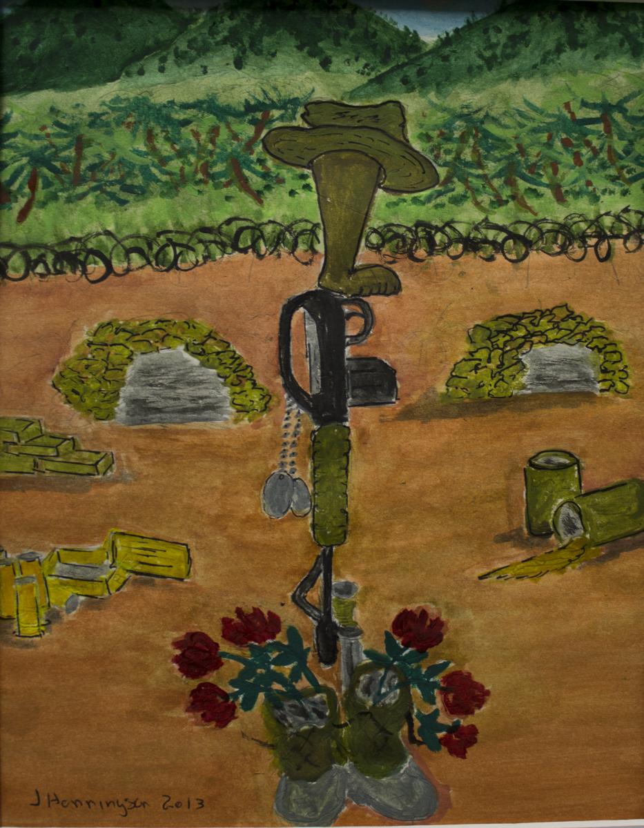 Rifle in vertical in ground with roses and hat on top.