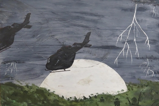 Helicopters over grass, moon in background, gray sky.