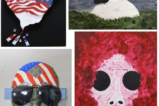 Four - head painted as flag, Hand painted as flag, helicopters flying, face with large black eyes.