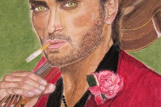 Close up of man with red jacket, black shirt with a flower pinned. Smoking a cigarette.