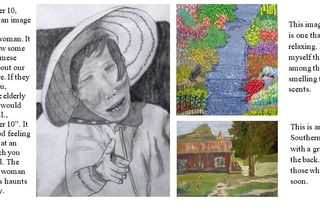 New clipping of drawing of an elderly woman, garden, and old church.