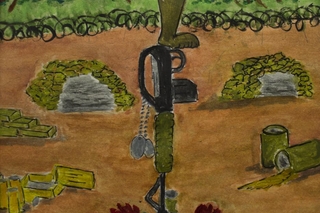 Rifle in vertical in ground with roses and hat on top.