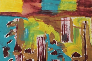 Yellow, red, aqua, brown, and purple abstract.