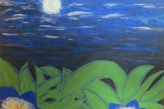 Top of sunflowers in foreground, moon in background.
