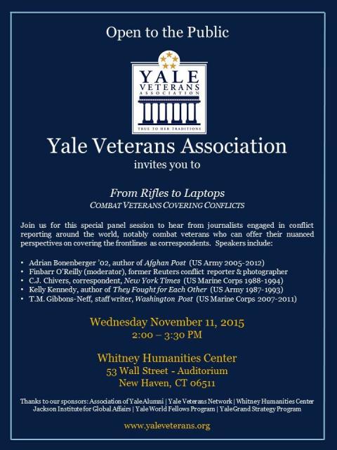 a Veteran's Day panel discussion featuring reporters and combat veterans covering conflict around the world, including Ochberg Fellows Finbarr O'Reilly and Kelly Kennedy.